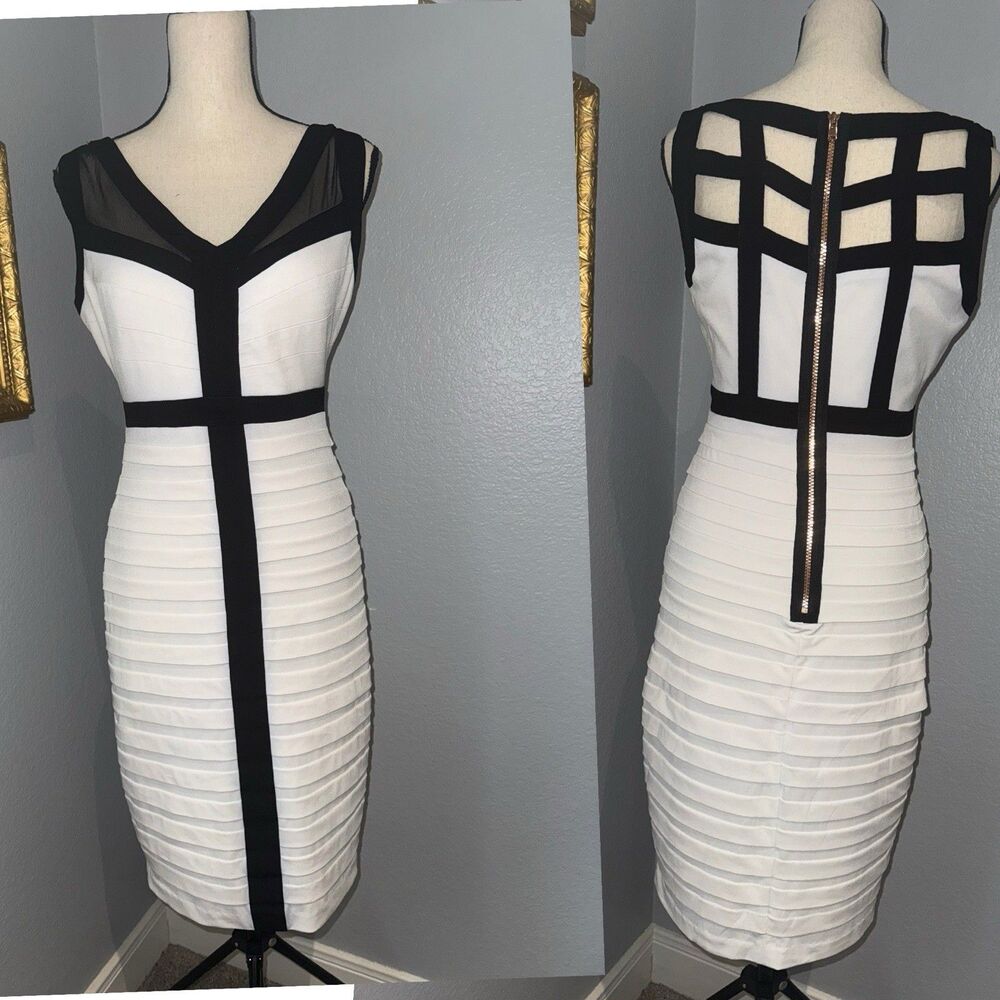 Cache Bodycon Bondage Midi Geometric Cage Dress Sz 8 Strappy Mesh BlackWhite Y2K